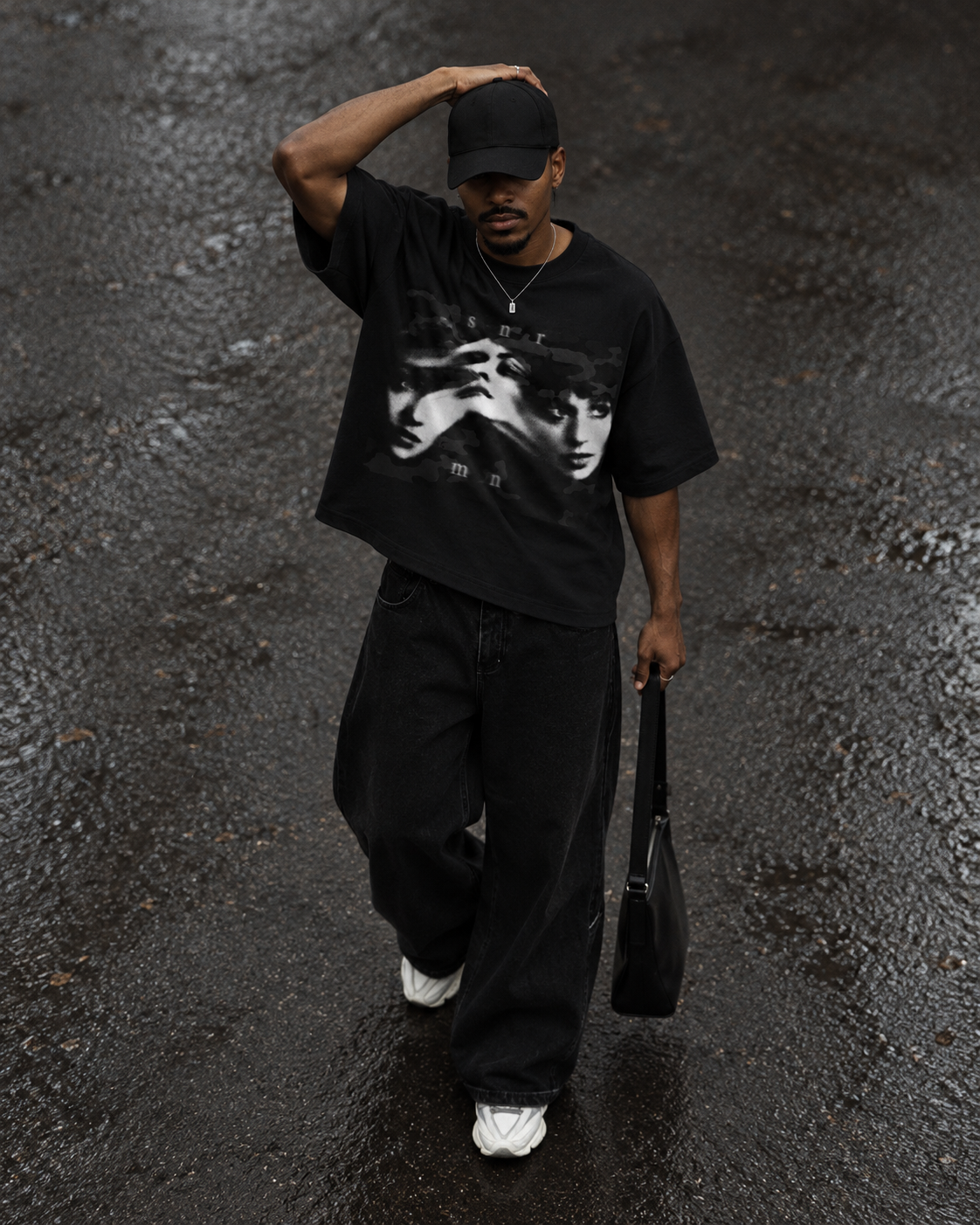SNRMN black tee streetwear editorial