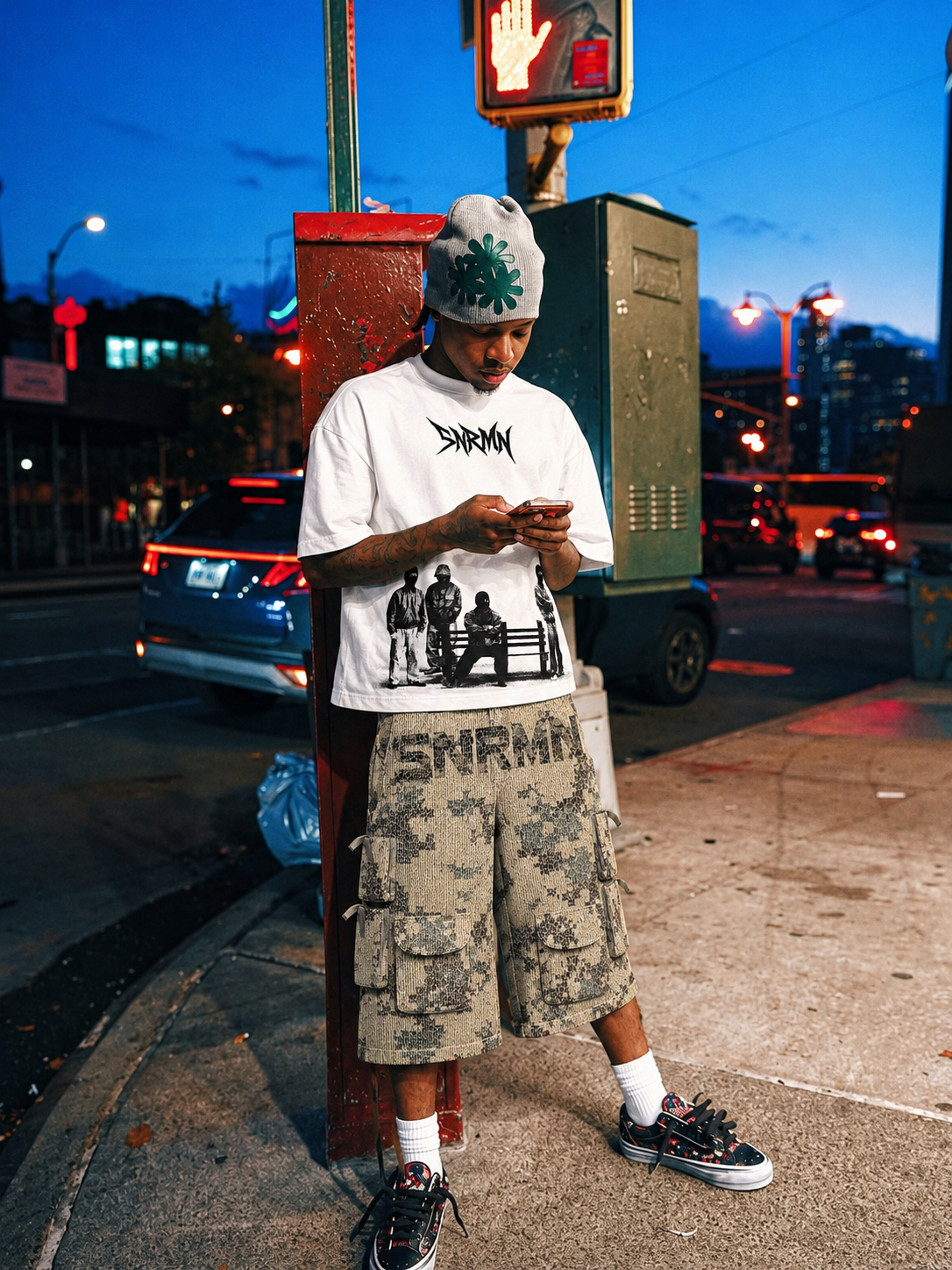 SNRMN white tee night street editorial